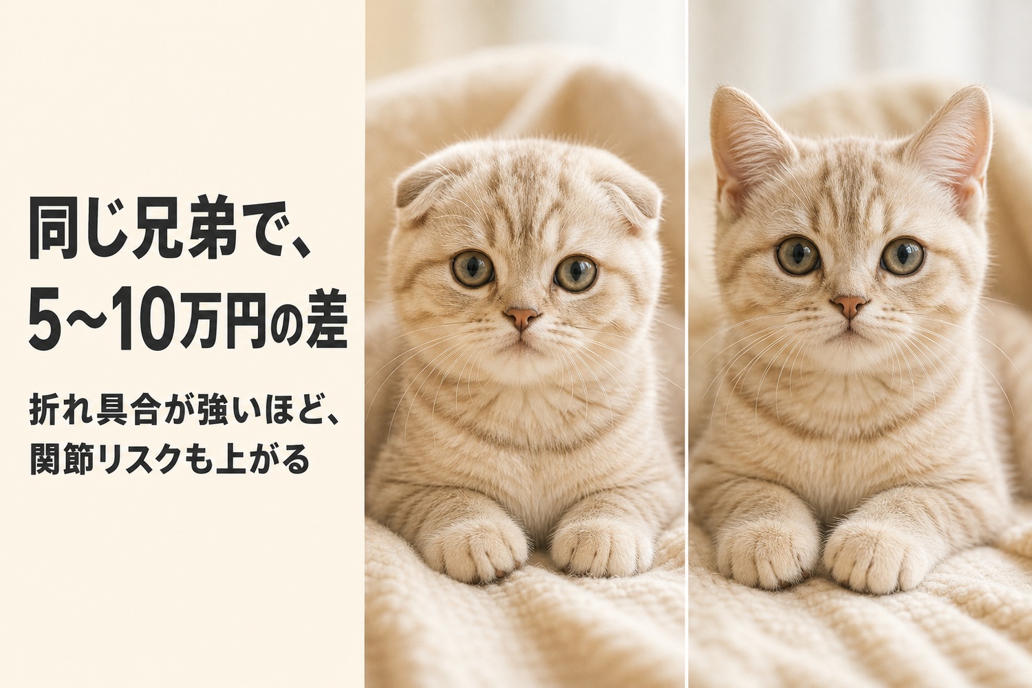 同じ毛色・同じ月齢の折れ耳（左）と立ち耳（右）のスコティッシュフォールドの子猫を並べた比較。同じ兄弟で5〜10万円の差、折れ具合が強いほど関節リスクも上がる