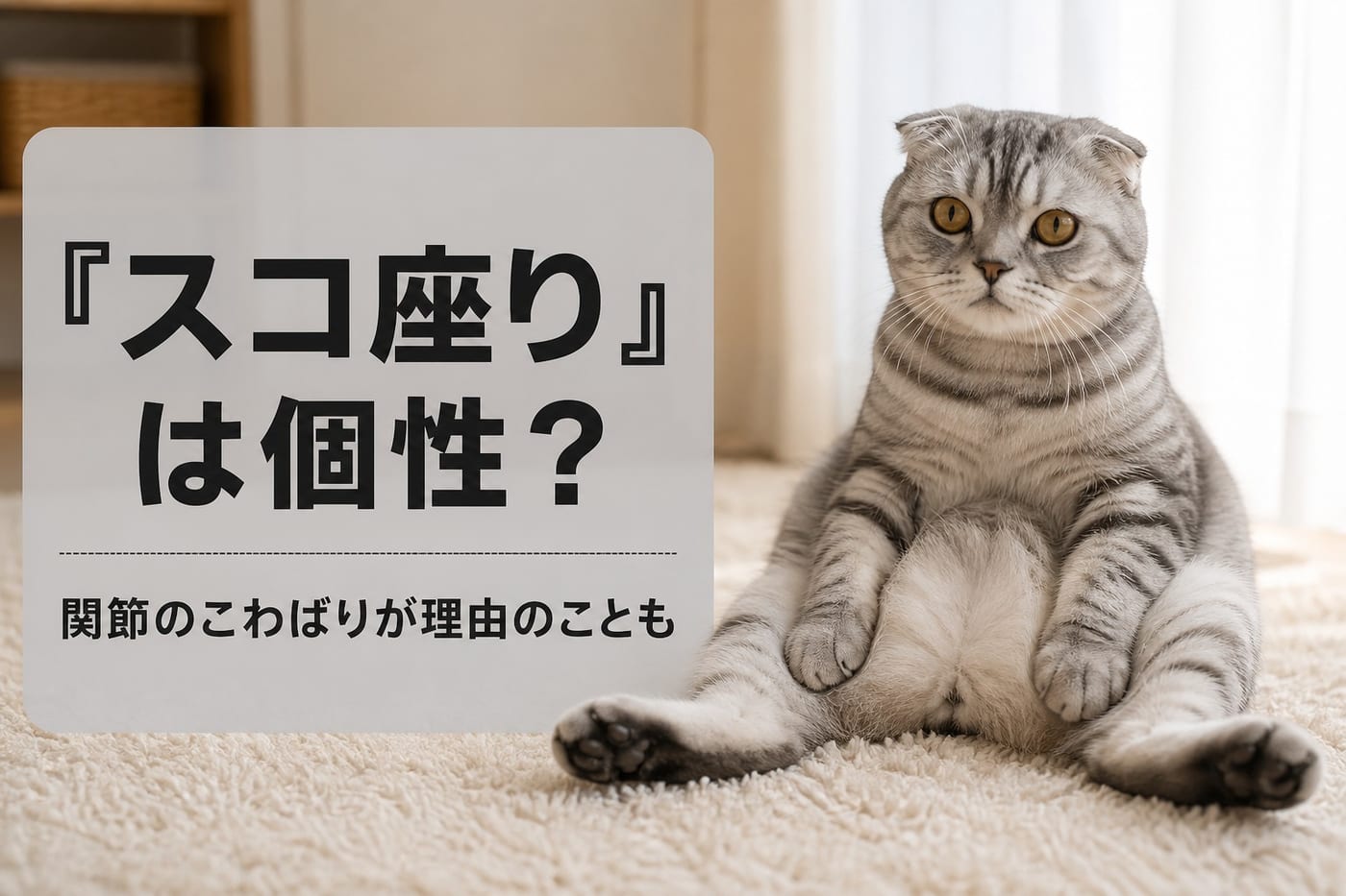カーペットでスコ座りをする折れ耳のスコティッシュフォールド。スコ座りは個性か、関節のこわばりが理由のことも