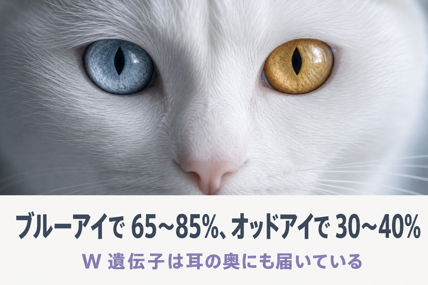 片目がブルー・片目がゴールドのオッドアイの白猫の目のクローズアップ。ブルーアイで65〜85%、オッドアイで30〜40%、W遺伝子は耳の奥にも届いている