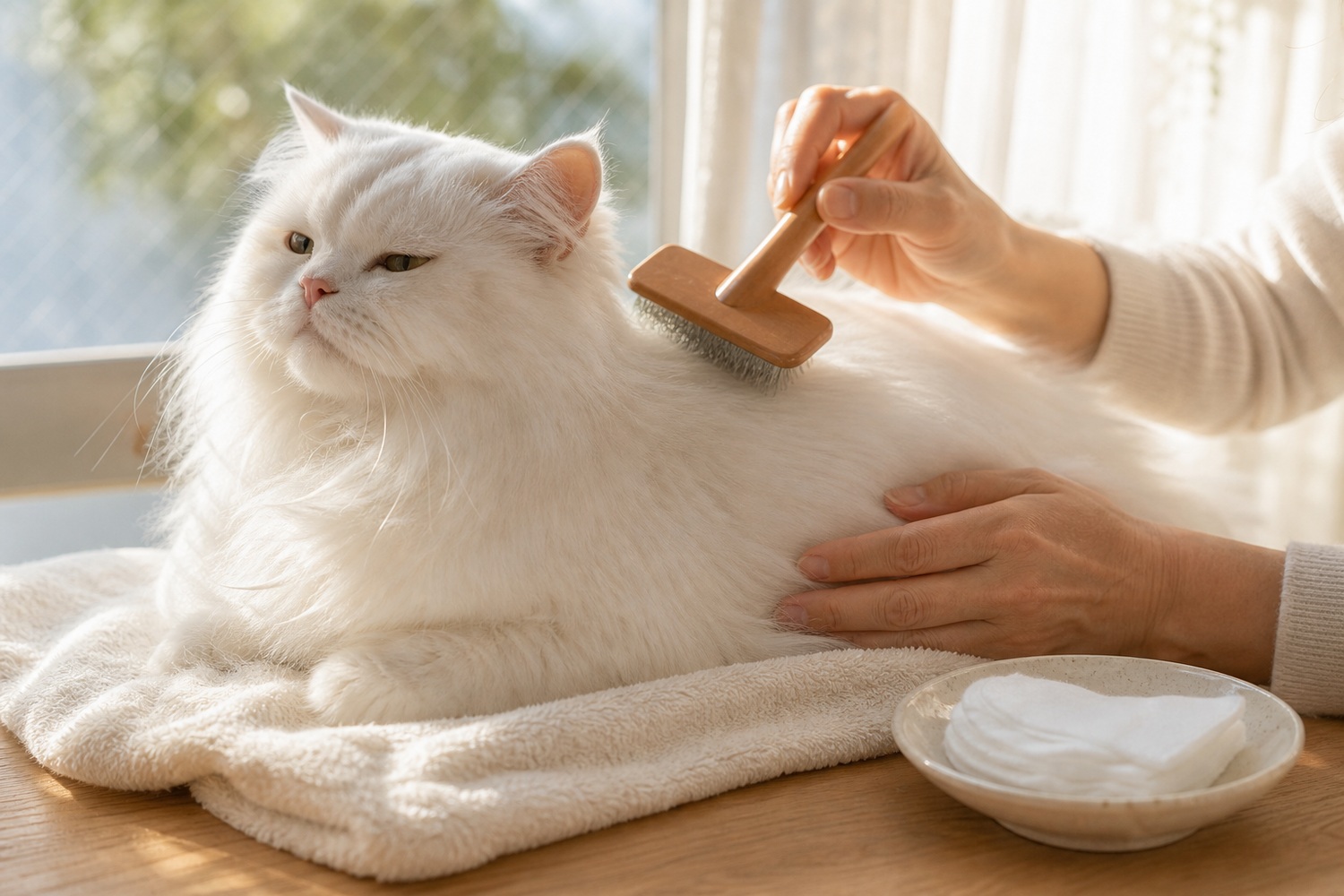 窓辺で白い長毛猫の被毛をスリッカーブラシでとかす手と、目の周りを拭くためのコットンパッド。日々のブラッシングと目元ケアが白い毛の美しさを保つ