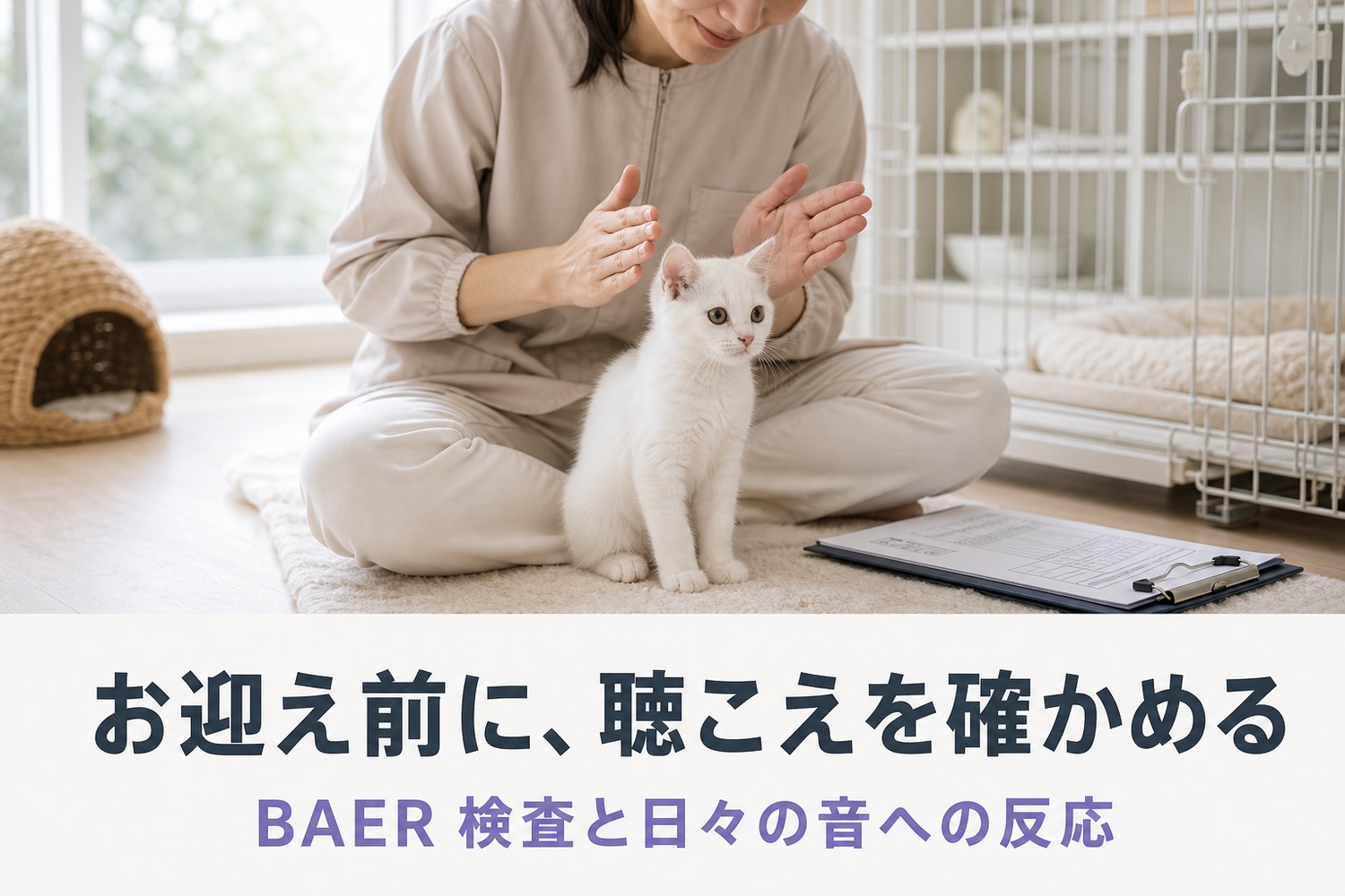 キャッテリーで白い子猫の後ろでそっと手を叩き、音への反応を確かめるブリーダー。お迎え前に聴こえを確かめる、BAER検査と日々の音への反応