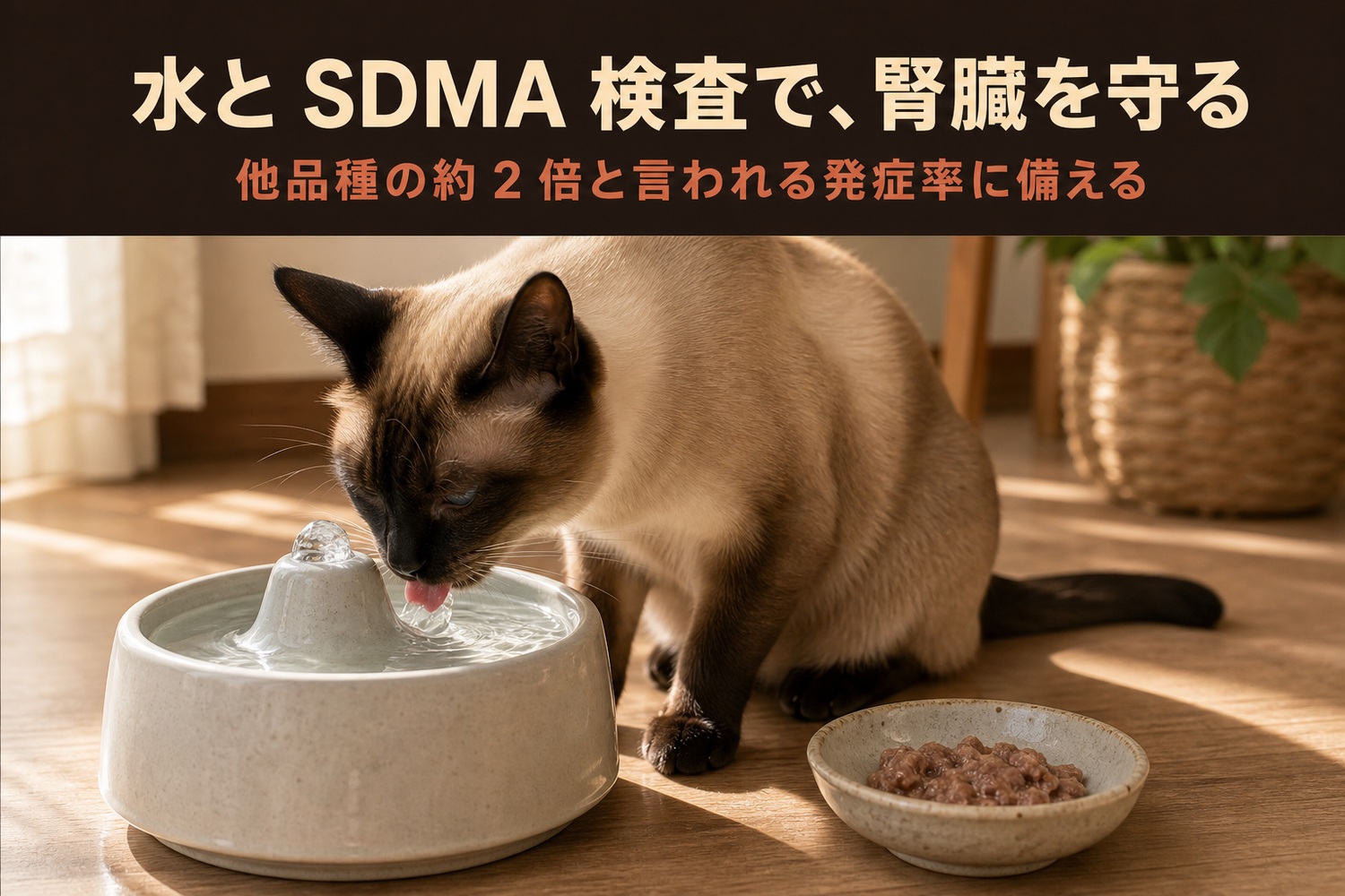 流水式給水器から穏やかに水を飲むシャム猫と、用意されたウェットフード。水とSDMA検査で腎臓を守る、他品種の約2倍と言われる発症率に備える