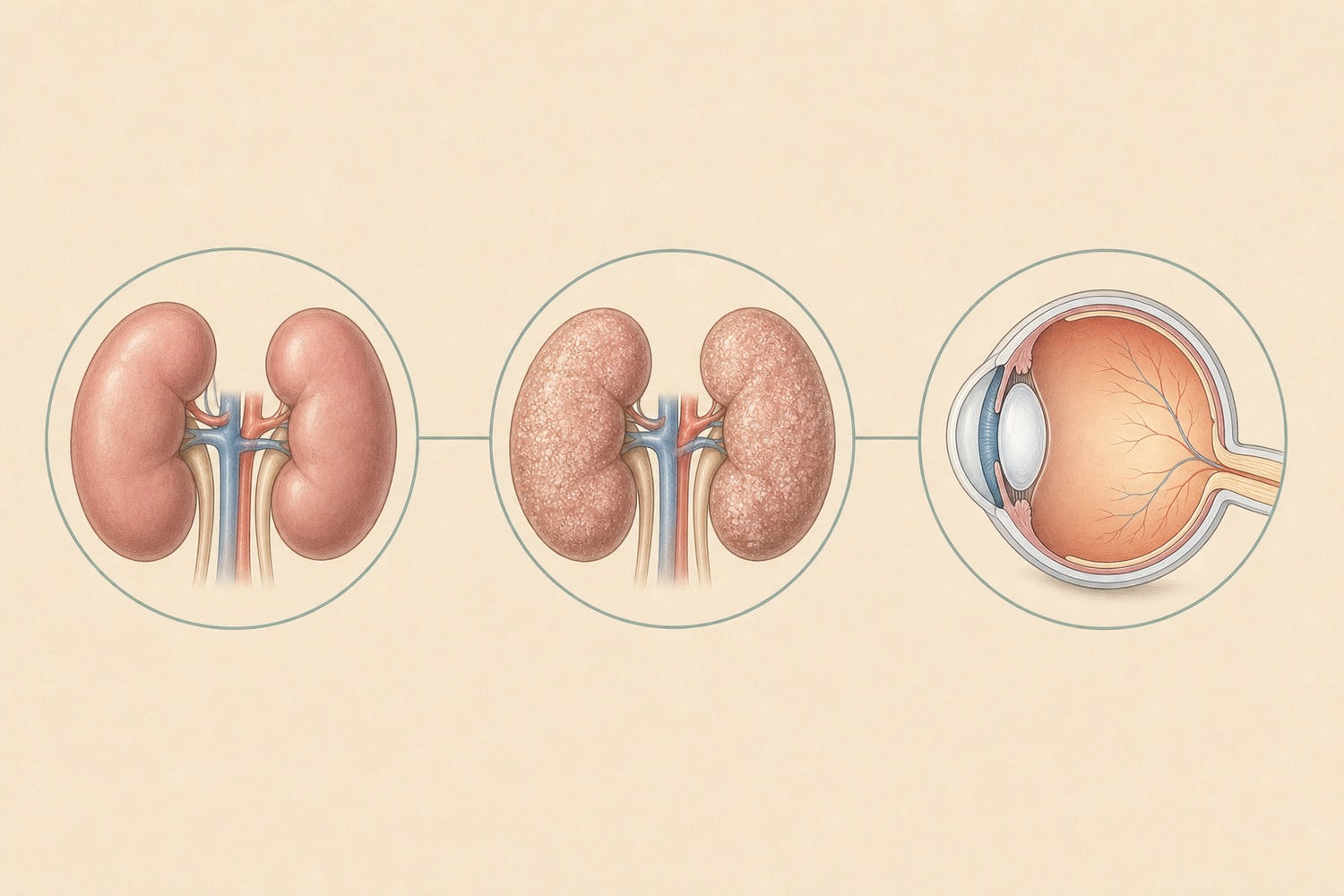 健康な腎臓・アミロイドが沈着した腎臓・眼の断面を並べた水彩の医学イラスト。CKD・腎アミロイドーシス・PRAの3つの特有疾患をやわらかく表現した非グロな比較図