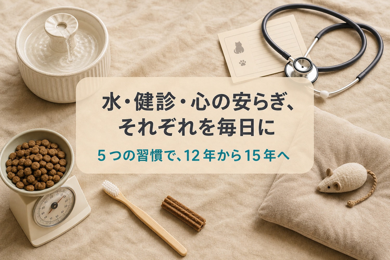 流水給水器・聴診器と予約カード・クッションとおもちゃ・体重計とフード・歯ブラシとデンタルケアを並べた5つの習慣のフラットレイ。水・健診・心の安らぎ、それぞれを毎日に。5つの習慣で12年から15年へ