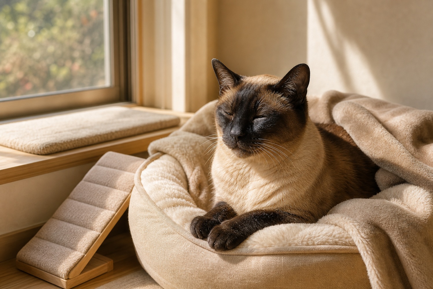 窓辺の温かいベッドで毛布にくるまり穏やかに眠るシニアのシャム猫と、上り下りを助けるスロープ。スリム体型のシニアには保温と段差軽減が大切