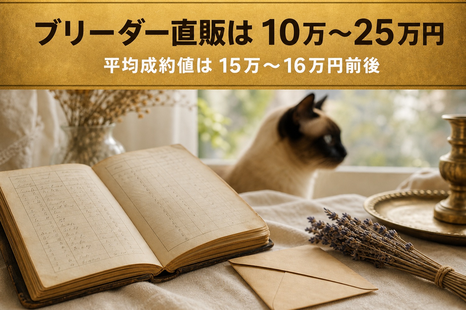 アンティークな台帳・封筒・ラベンダーと窓辺のシャム猫を配したクラシックな静物。ブリーダー直販は10万〜25万円、平均成約値は15万〜16万円前後