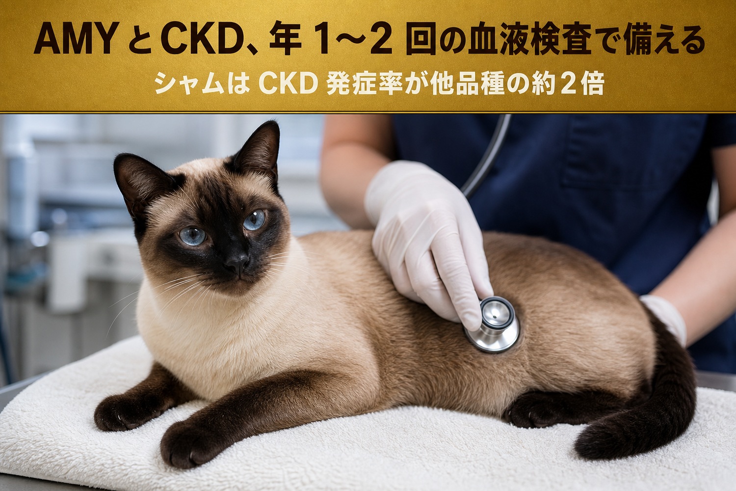 クリニックで穏やかに聴診を受けるシールポイントのシャム猫。AMYとCKD、年1〜2回の血液検査で備える、シャムはCKD発症率が他品種の約2倍