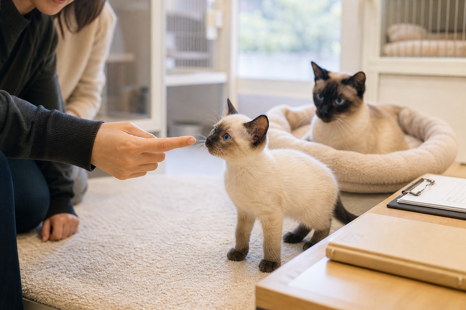 明るいキャッテリーで、差し出した指に近づくシャムの子猫と見守る母猫。施設を実際に訪れて飼育環境と親猫の様子を確かめる