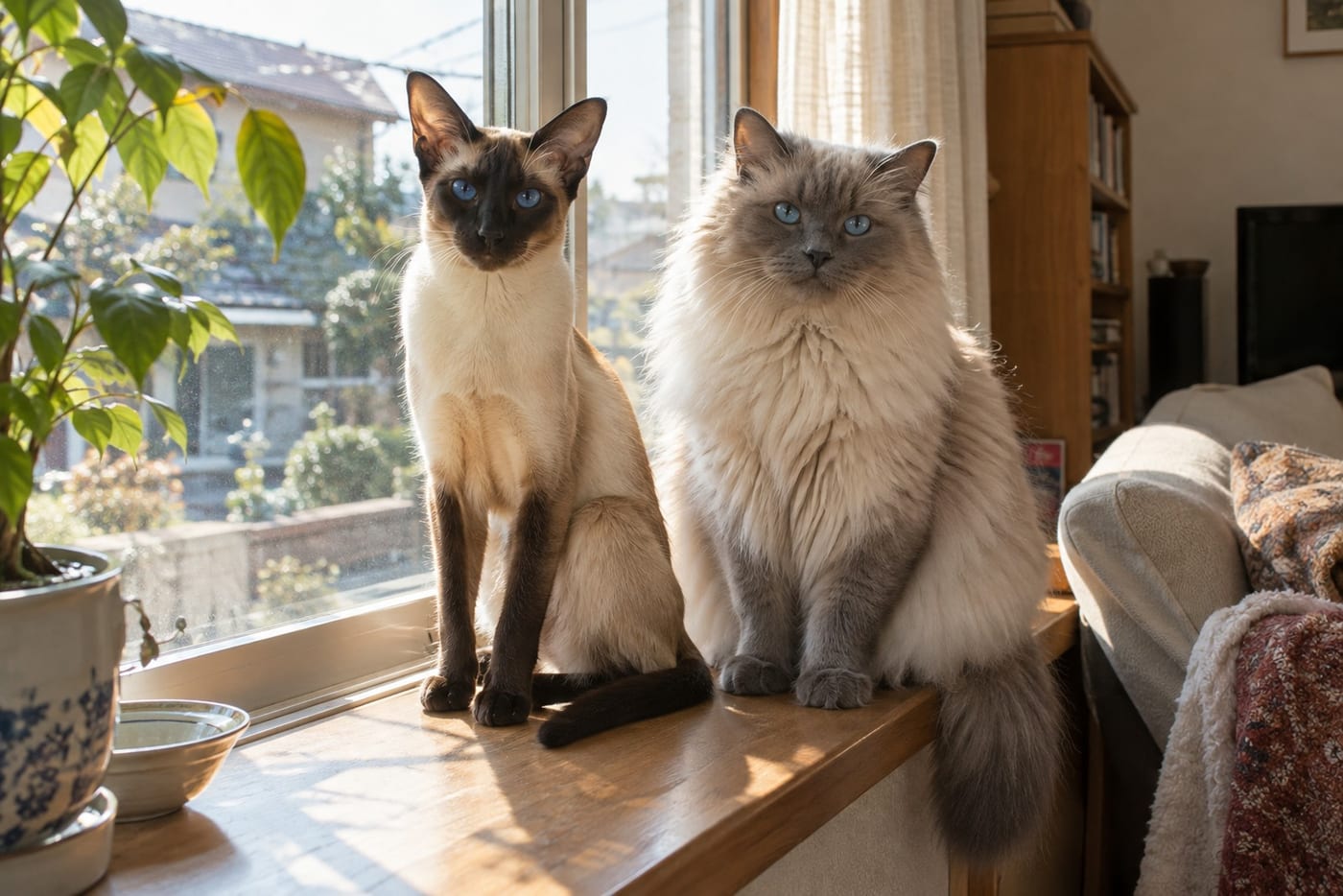 シールポイントの細身のシャム猫（左）とブルーポイントの体の大きなラグドール（右）が、窓辺に並んで座っている