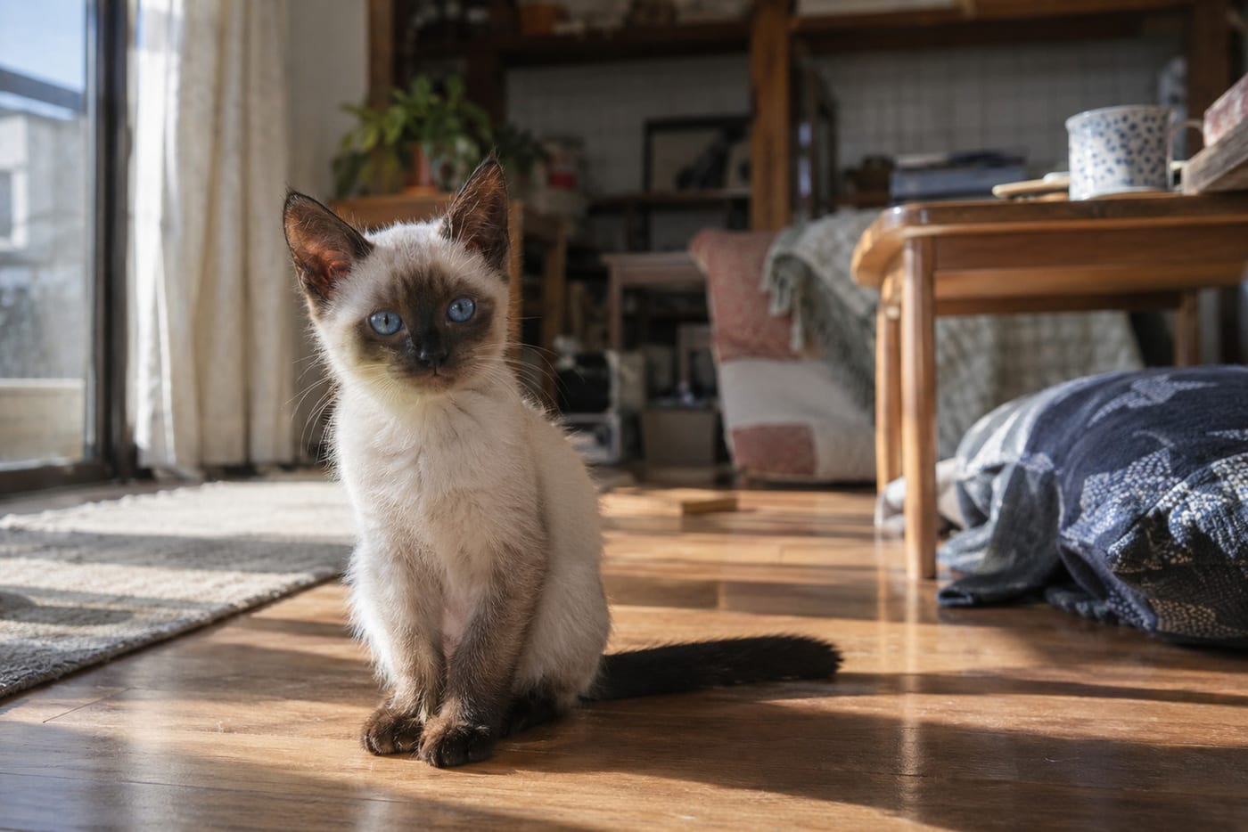 日だまりに座る、体はクリーム色で顔と耳と足先だけが濃い茶色の、青い目の子猫