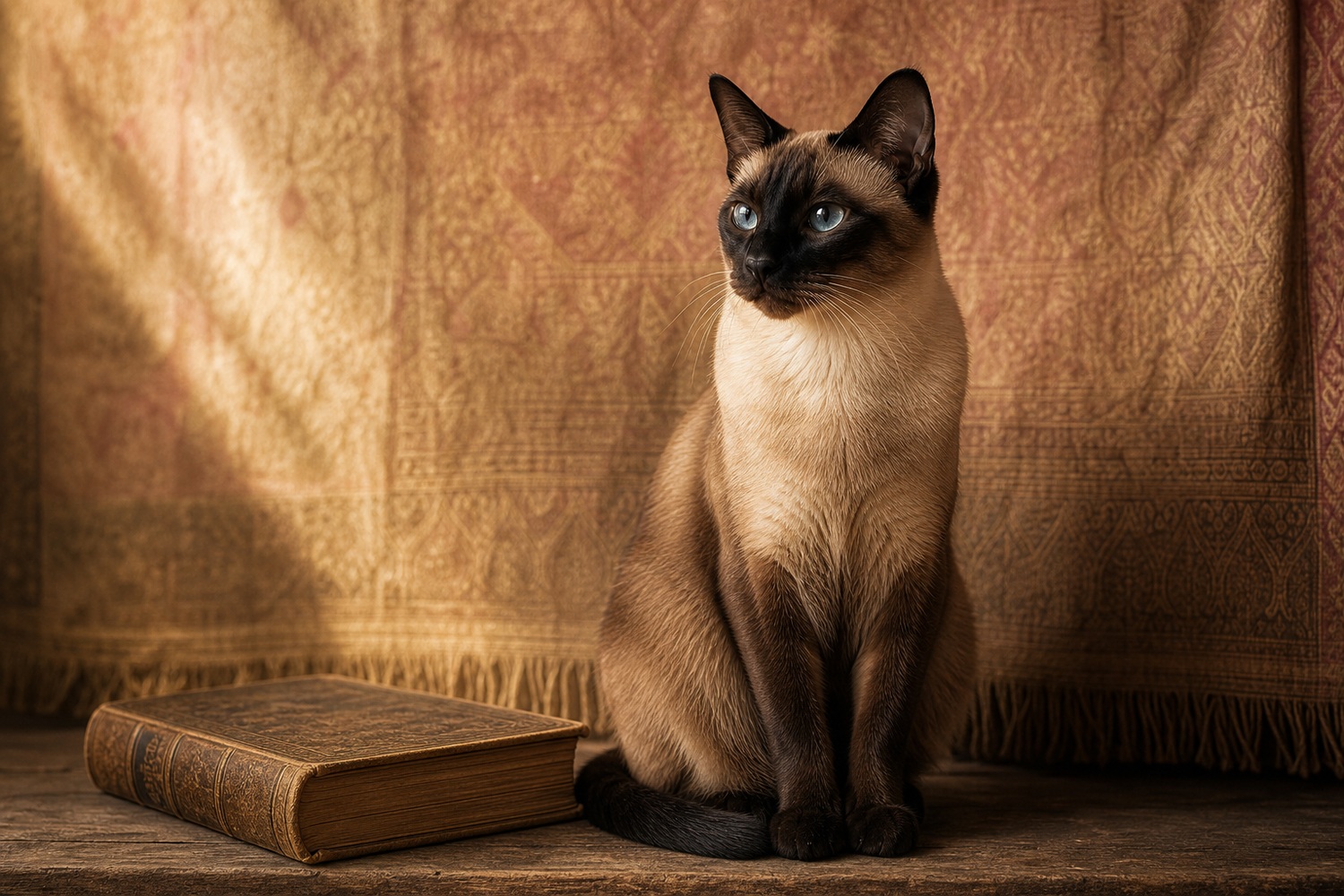 アンティークな織物と古書を背景に凛と座るシールポイントのシャム猫。14世紀タイから続く世界最古級の血統を思わせる構図