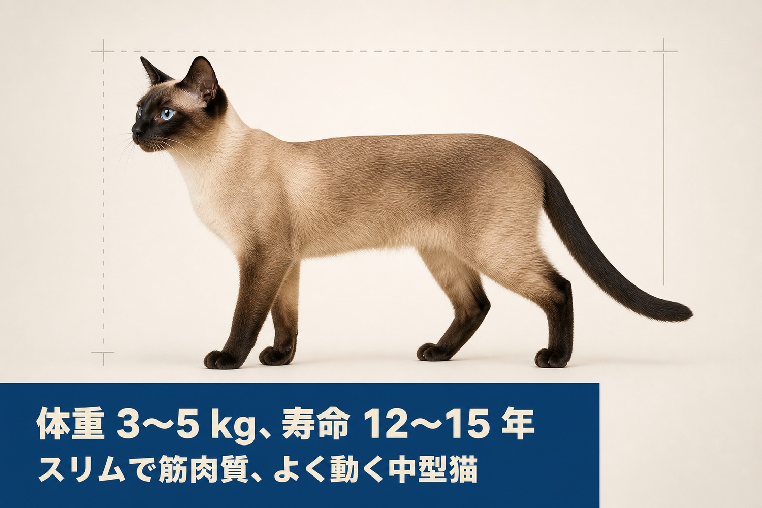 全身を横から見せて立つシャム猫。スリムで筋肉質なくさび形の体型。体重3〜5kg、寿命12〜15年、よく動く中型猫