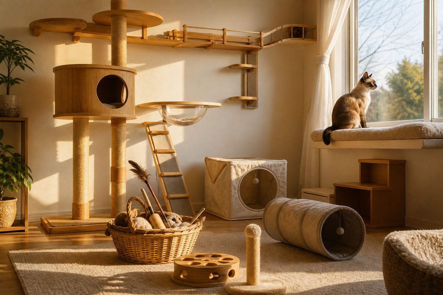 高いキャットタワーと壁面キャットウォーク、窓辺で外を眺めるシャム猫、おもちゃのカゴを備えた室内。上下運動と外の眺めがシャム飼育の核