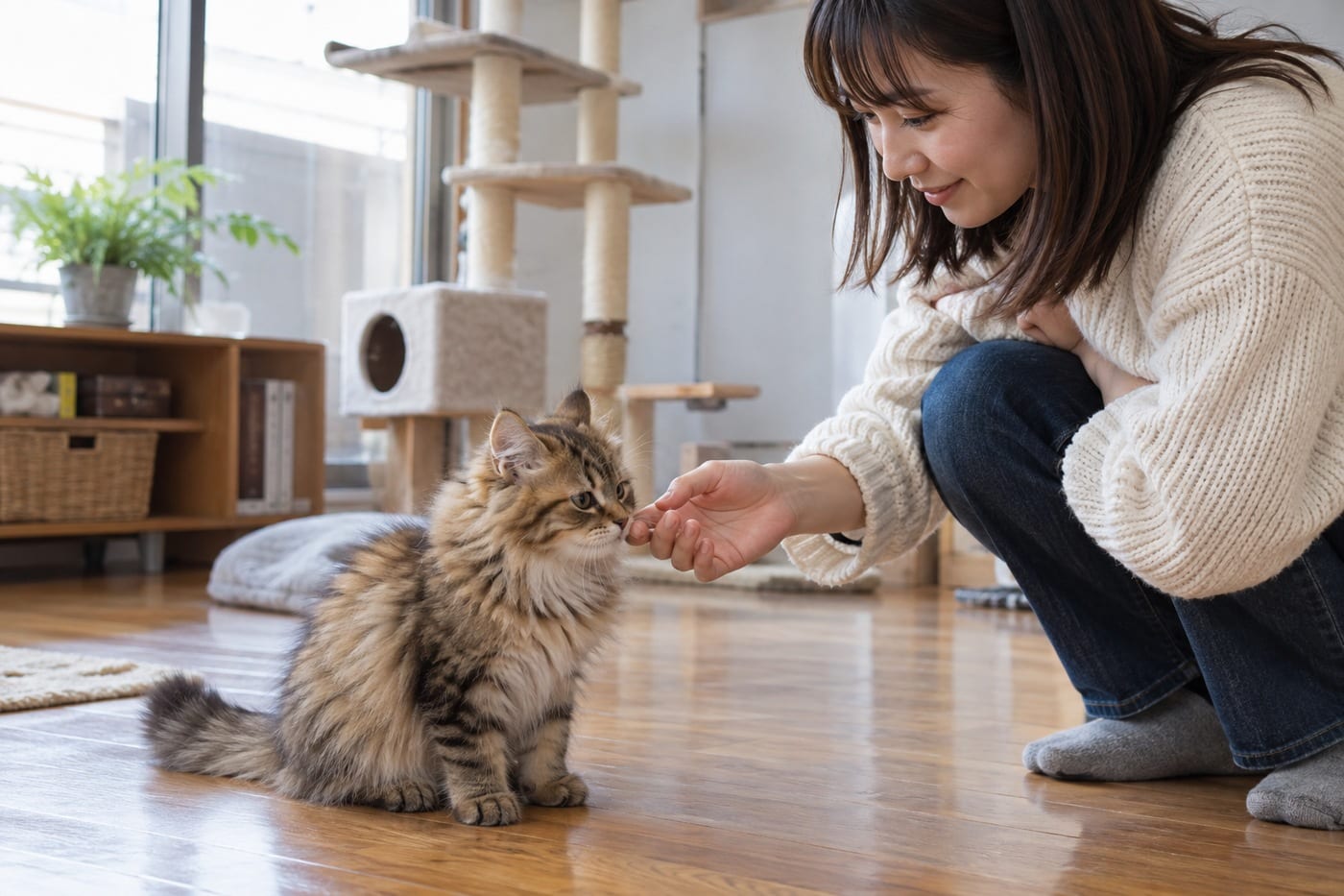 見学専用のスペースで、床に座った長毛のサイベリアンの子猫にそっと手を伸ばす人