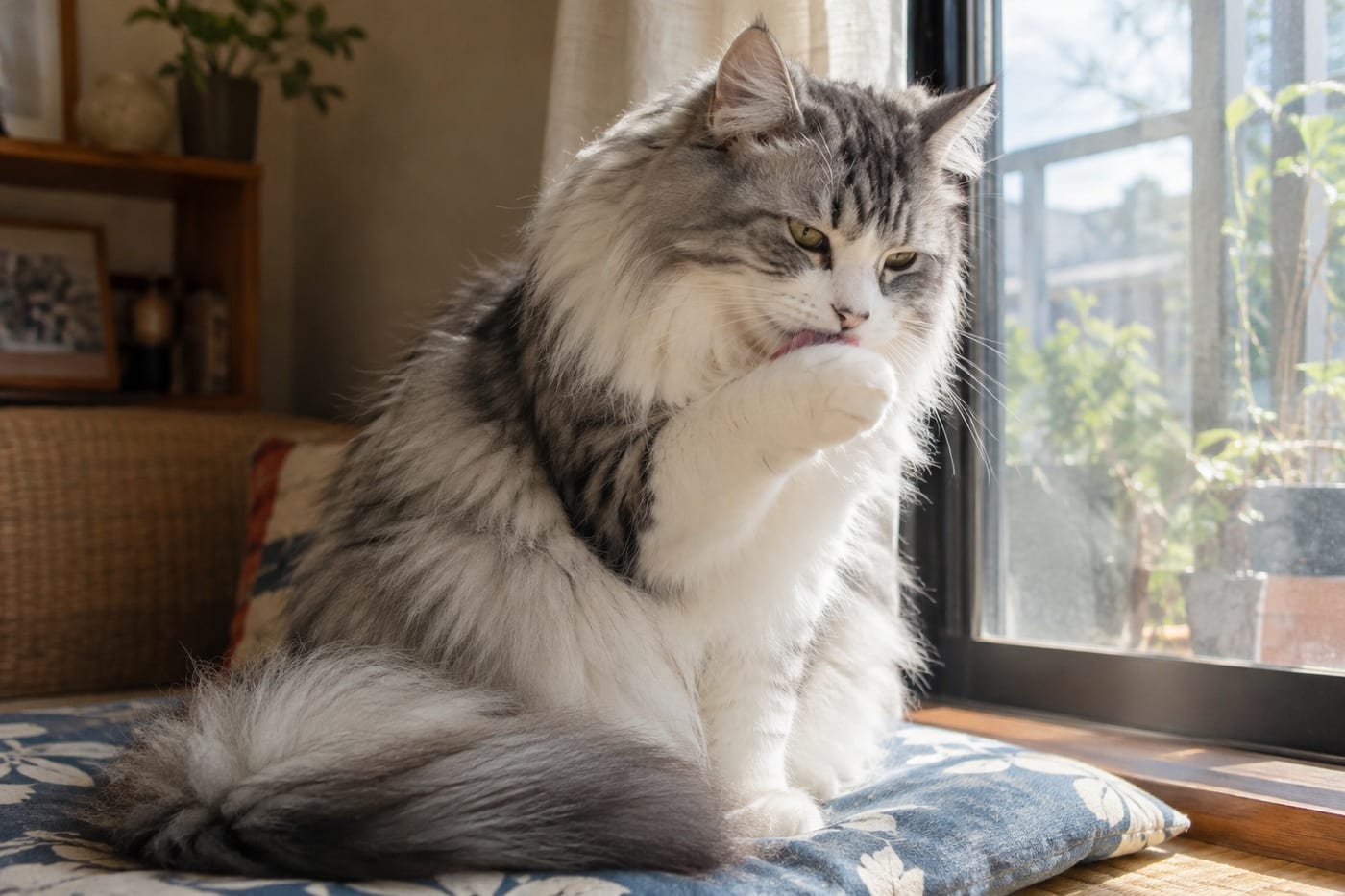 明るい窓辺で、片方の前足をなめて毛づくろいをする成猫のサイベリアン