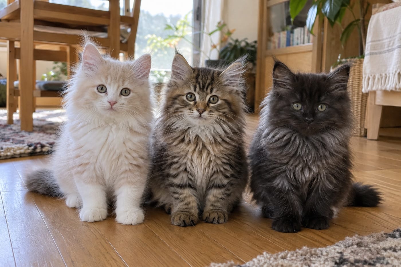 白っぽい毛・茶色のタビー・黒っぽい毛の3頭のサイベリアンの子猫が、並んで床に座っている