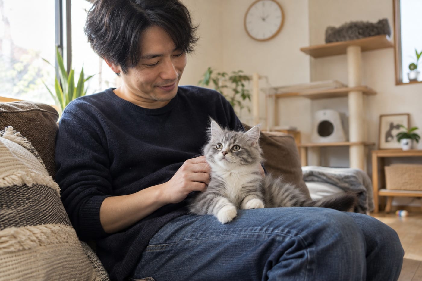 見学専用のスペースで、ソファに座って膝の上の子猫をなでながらゆっくり過ごす人。壁には時計