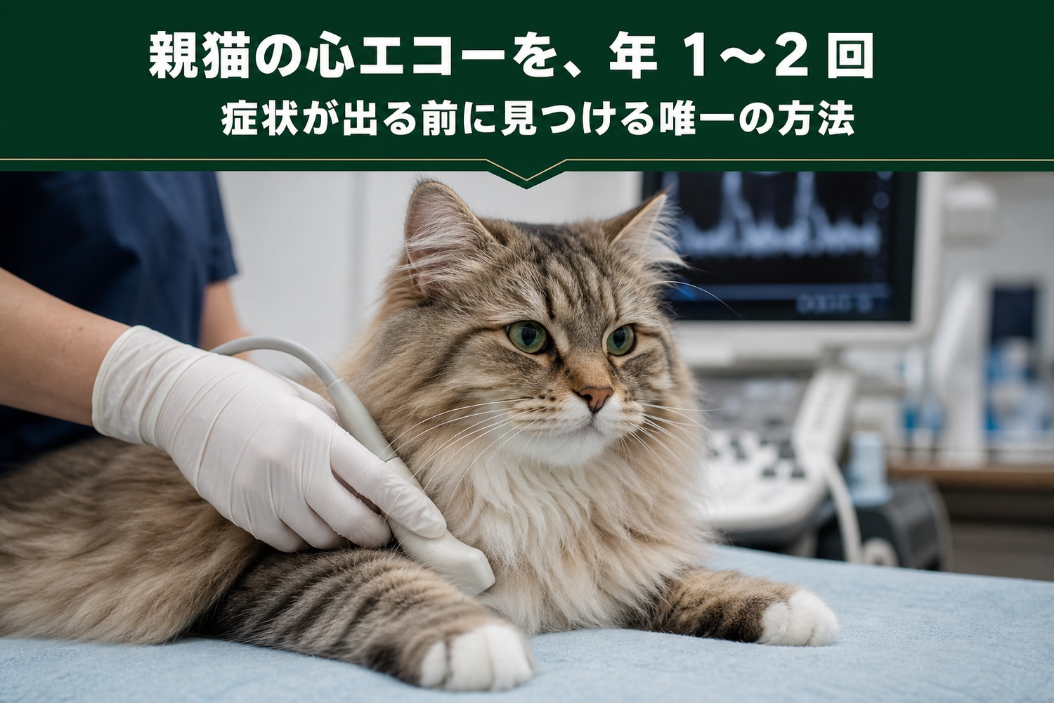 クリニックで穏やかに心臓エコー検査を受けるシベリアン。親猫の心エコーを年1〜2回、症状が出る前に見つける唯一の方法