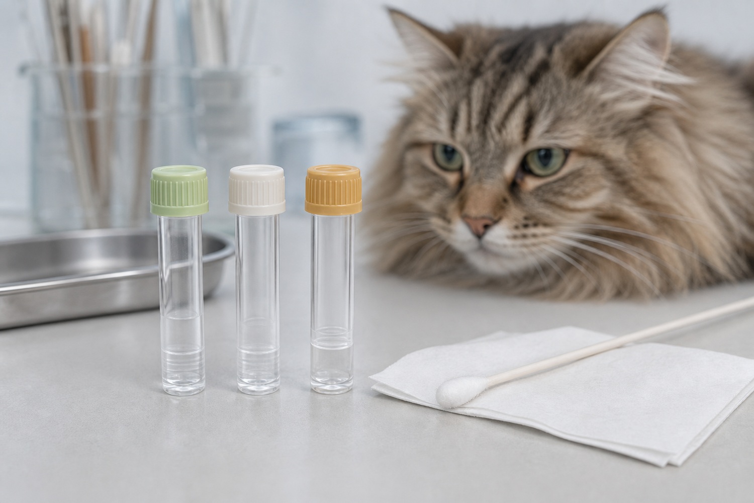 3色のキャップ（陰性・保因者・発症リスク）の検体チューブと綿棒スワブ、見守るシベリアン。DNA検査で保因者かどうかを判定できる