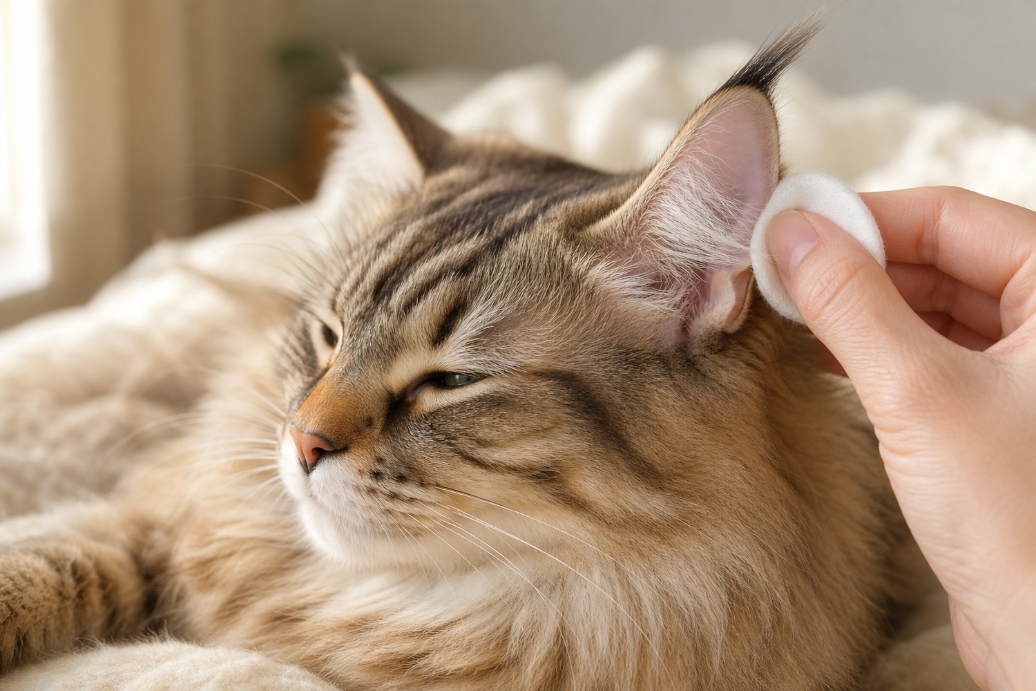房毛のある耳をコットンでそっと拭いてもらうシベリアン。耳の入り口だけを優しく拭く、健康なピンクの耳を保つ週1回のケア