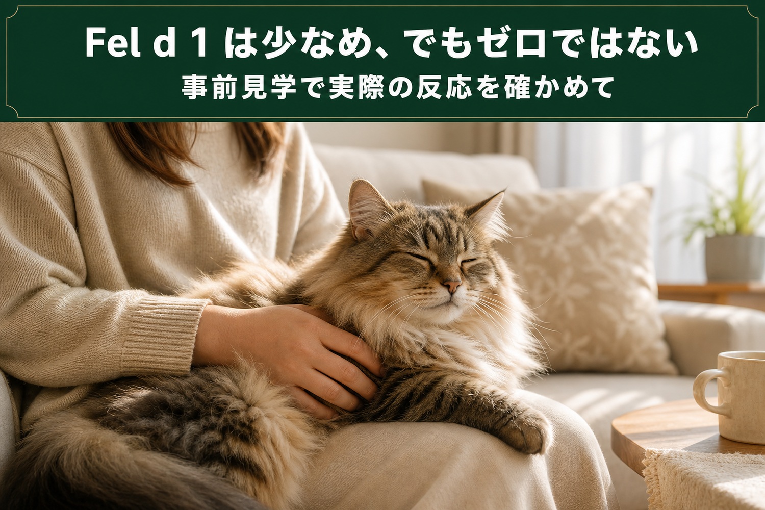 ソファで膝に乗るシベリアンの豊かな被毛に手を差し入れてくつろぐ人。Fel d 1は少なめ、でもゼロではない。事前見学で実際の反応を確かめて