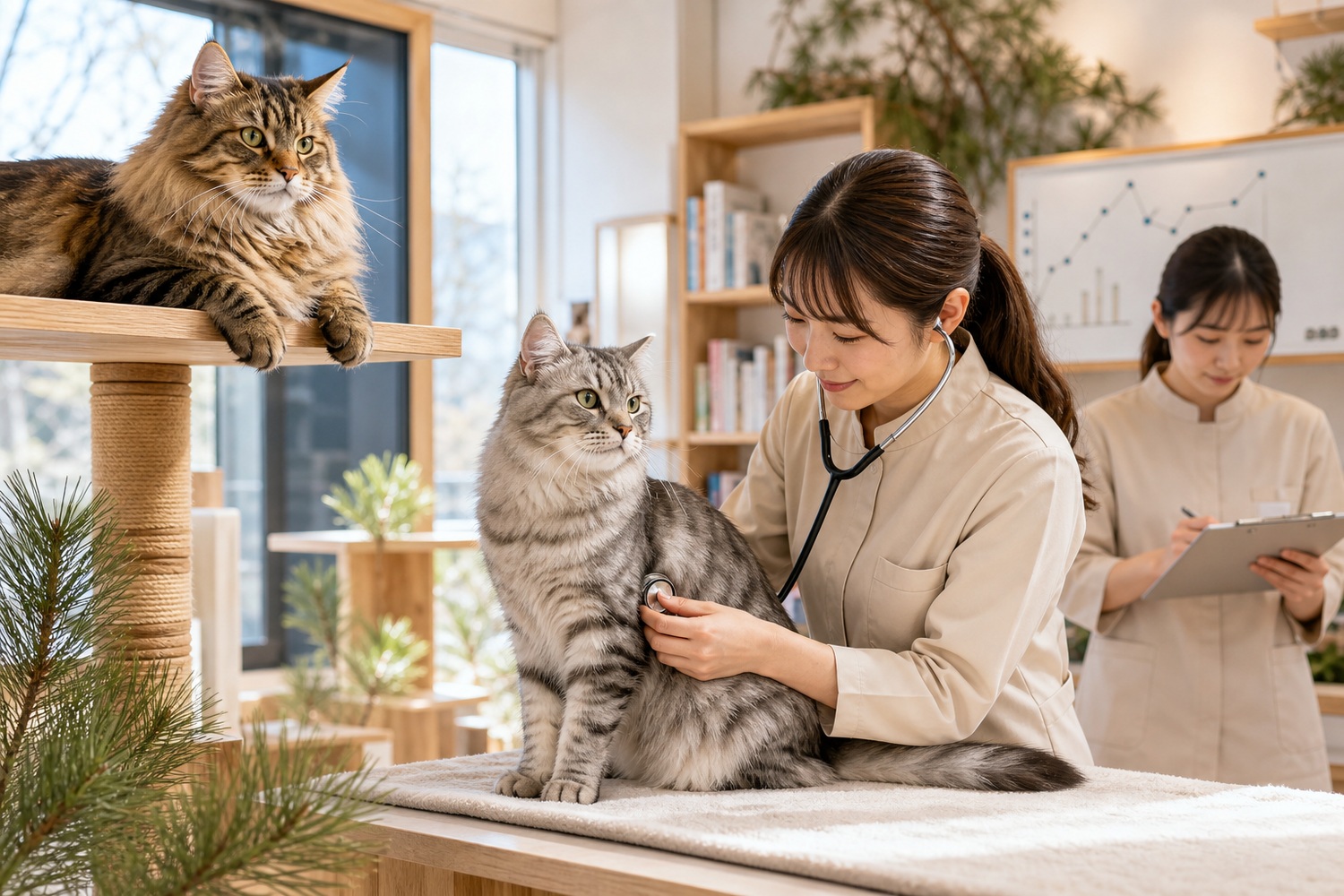 明るいキャッテリーで、スタッフがシベリアンを聴診器で診察し、もう1匹がキャットシェルフでくつろぐ様子。透明性のある多拠点の健康管理体制
