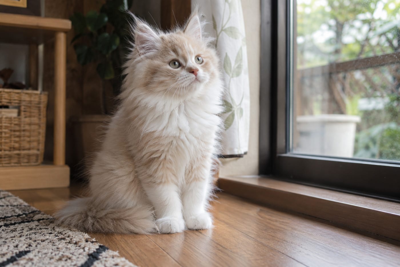 窓辺の床に座る、クリーム＆ホワイトのサイベリアンの子猫。体はうすいクリーム色で、胸と前足が白く、毛がふさふさしている