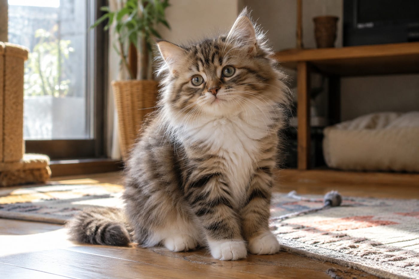 ブラウンタビー＆ホワイトのサイベリアンの子猫。茶色の地に黒い縞が入り、胸と足先が白い