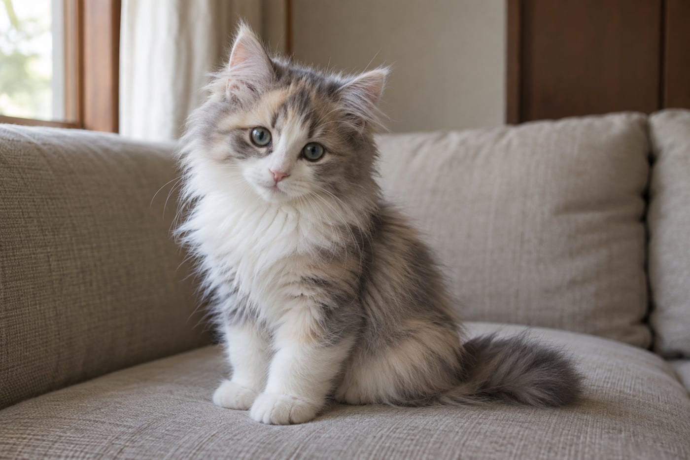 白の地に、ブルーとクリームのぶちが入ったダイリュートキャリコ（うすい三毛）のサイベリアンの子猫。鼻のまわりと胸、前足が白い