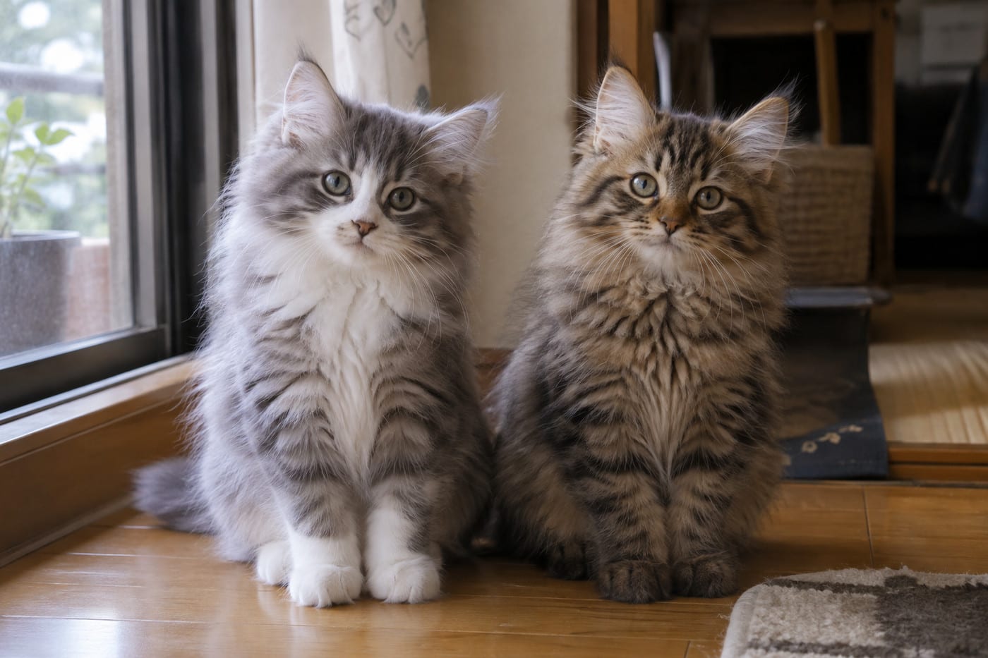 同じ月齢のサイベリアンの子猫2頭が並んで座っている。左はブルータビー＆ホワイトで胸と足先が白く、右は白が入らないブラウンタビー