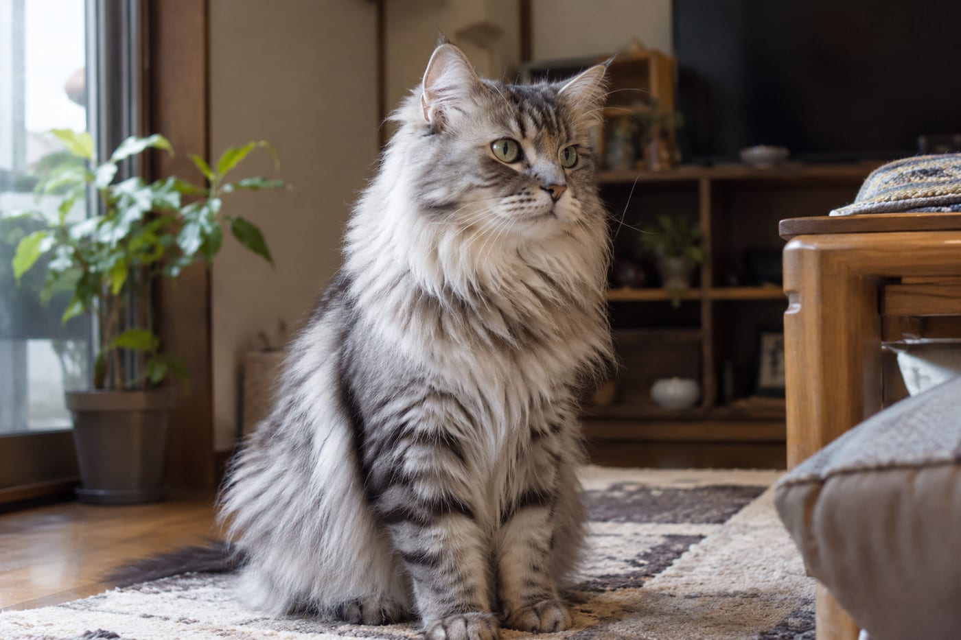 銀色の地に黒い縞が入った、シルバータビーのサイベリアンの成猫。毛は長く、首まわりがふさふさしている