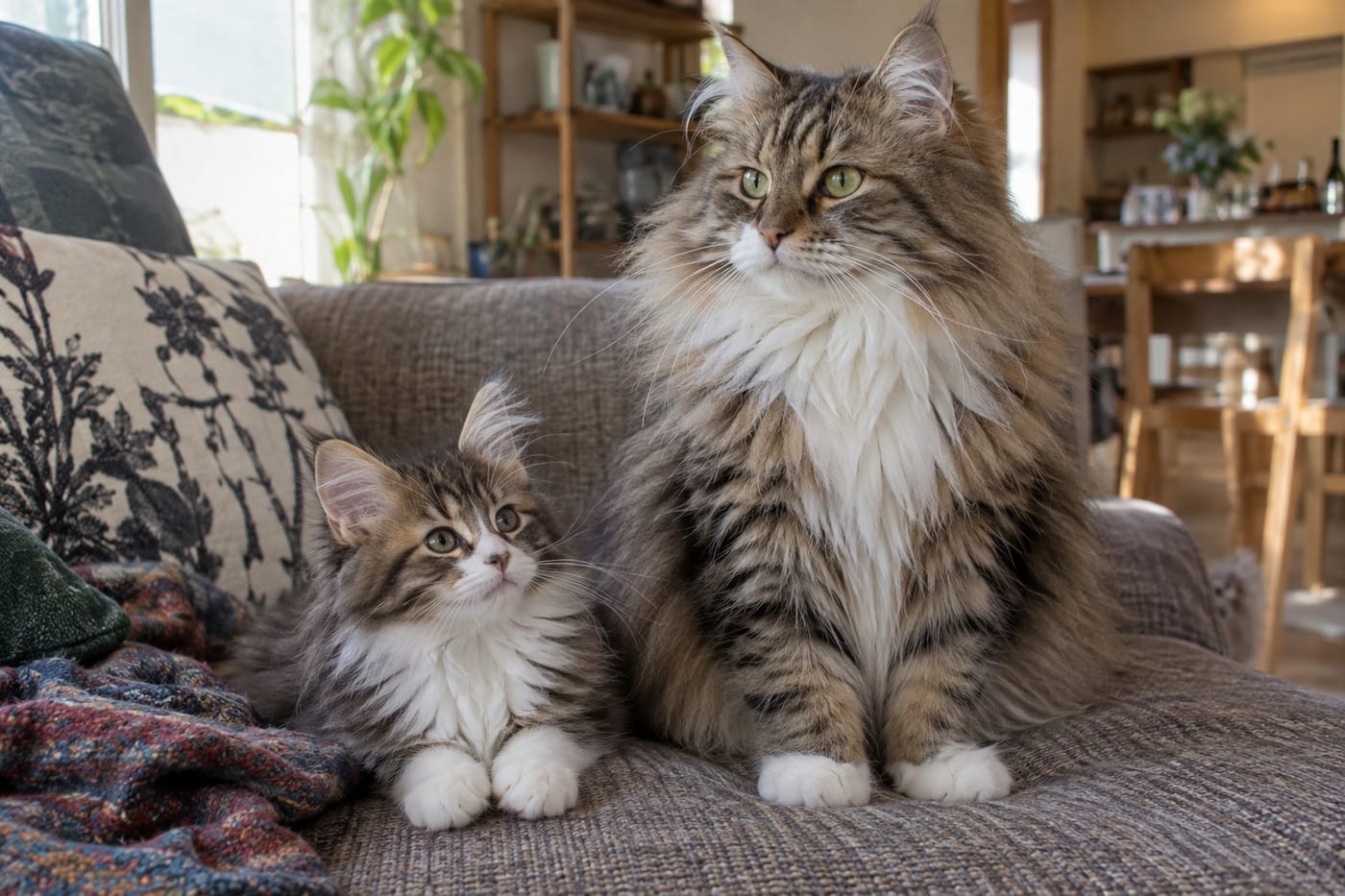 同じ毛色のブラウンタビー＆ホワイトのサイベリアンの子猫と成猫が、ソファの上に並んでいる。成猫のほうが毛が厚く、体も大きい