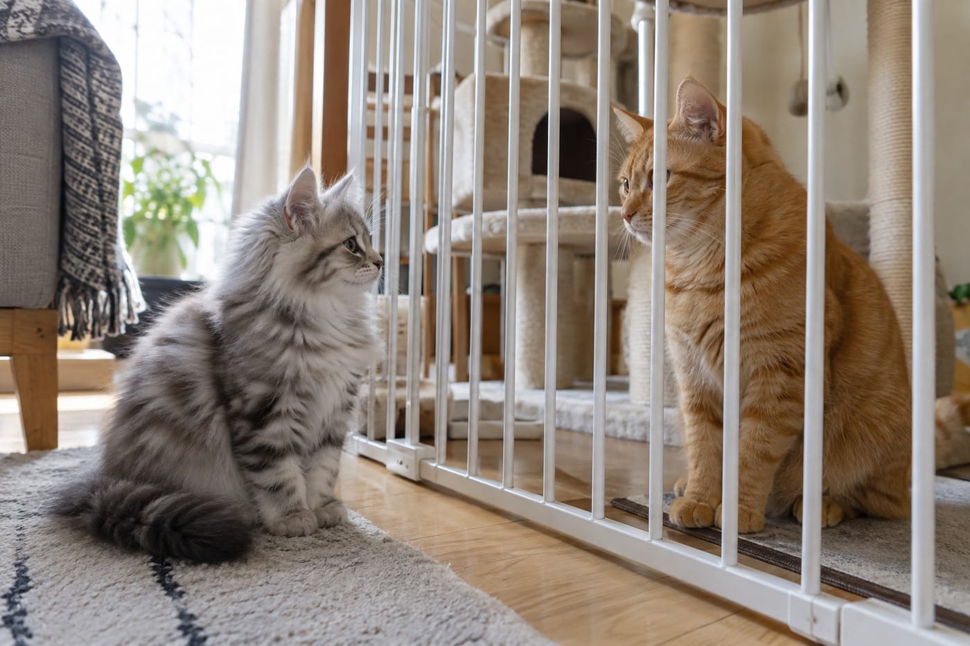 居間のペットゲート越しに向き合って座る、サイベリアンの子猫と短毛の成猫。2頭とも落ち着いた様子で、ゲートの向こうにキャットタワーが見える