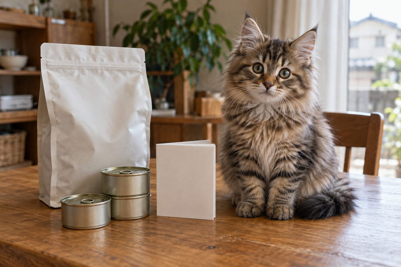 テーブルの上に、猫用の缶詰・ごはんの袋・飼育説明書の冊子が並び、その横にちょこんと座るサイベリアンの子猫