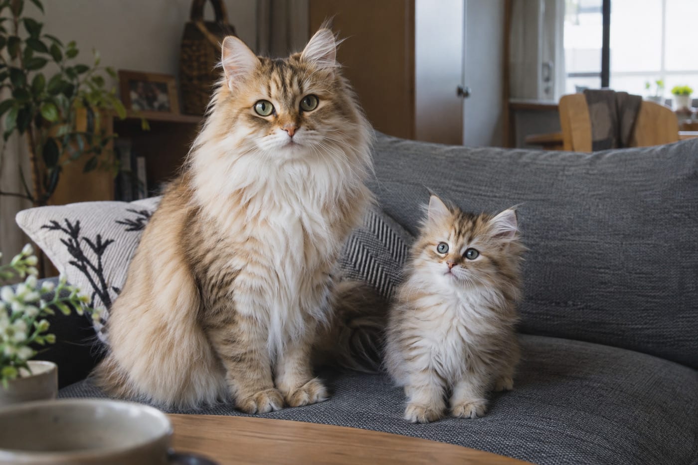 ソファの上で並んで座る、サイベリアンの成猫と、体の小さなサイベリアンの子猫