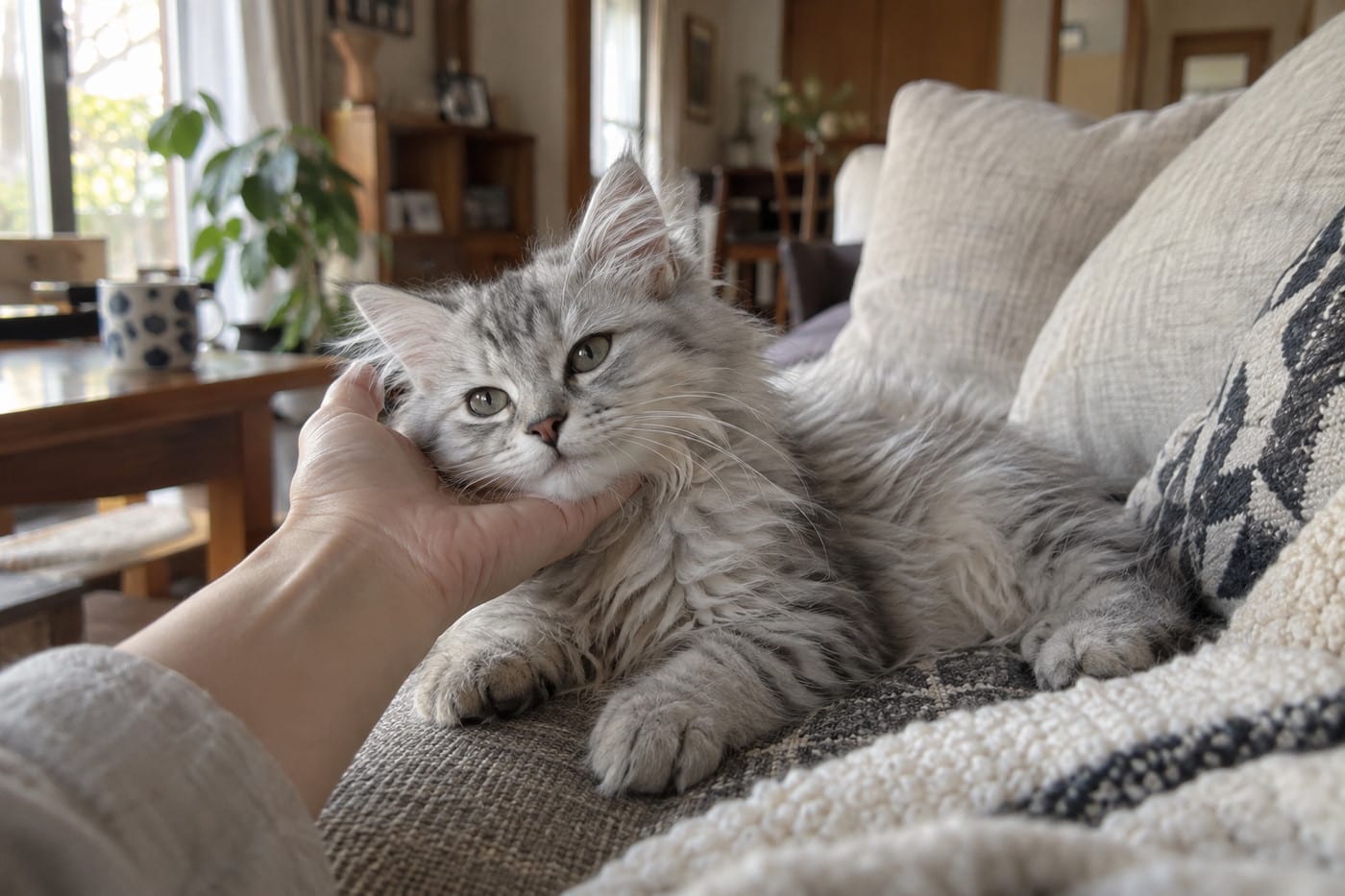 ソファの上で、飼い主の手に体を預けてくつろぐサイベリアンの子猫