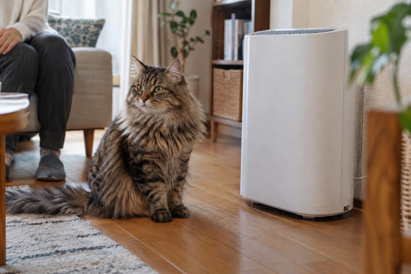 リビングの空気清浄機のそばに座るサイベリアンの成猫と、少し離れて見守る人