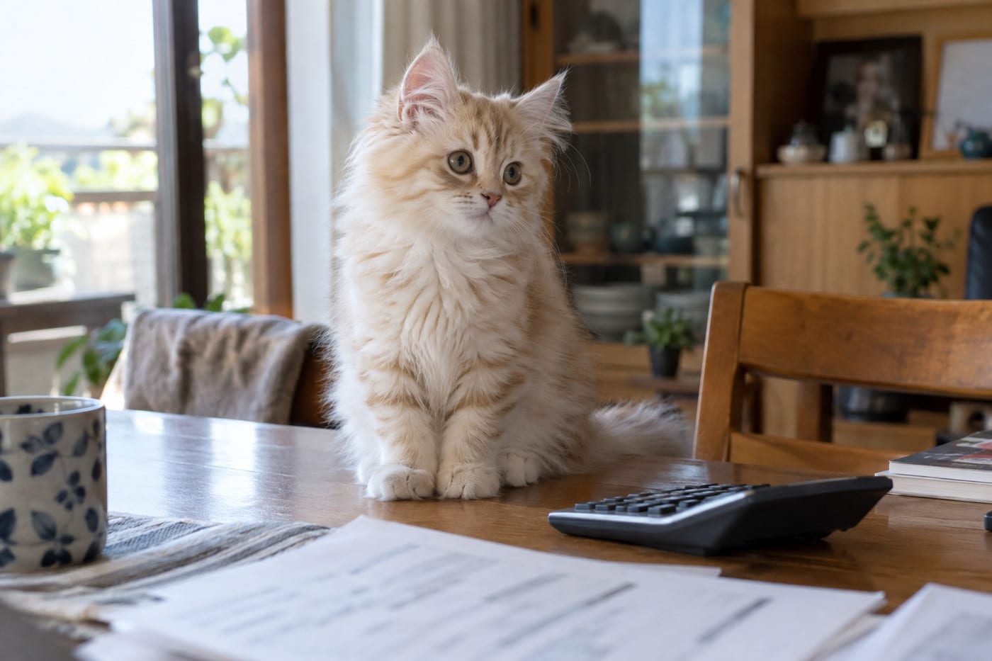テーブルに広げた書類と電卓のそばで、前足をそろえて座るサイベリアンの子猫