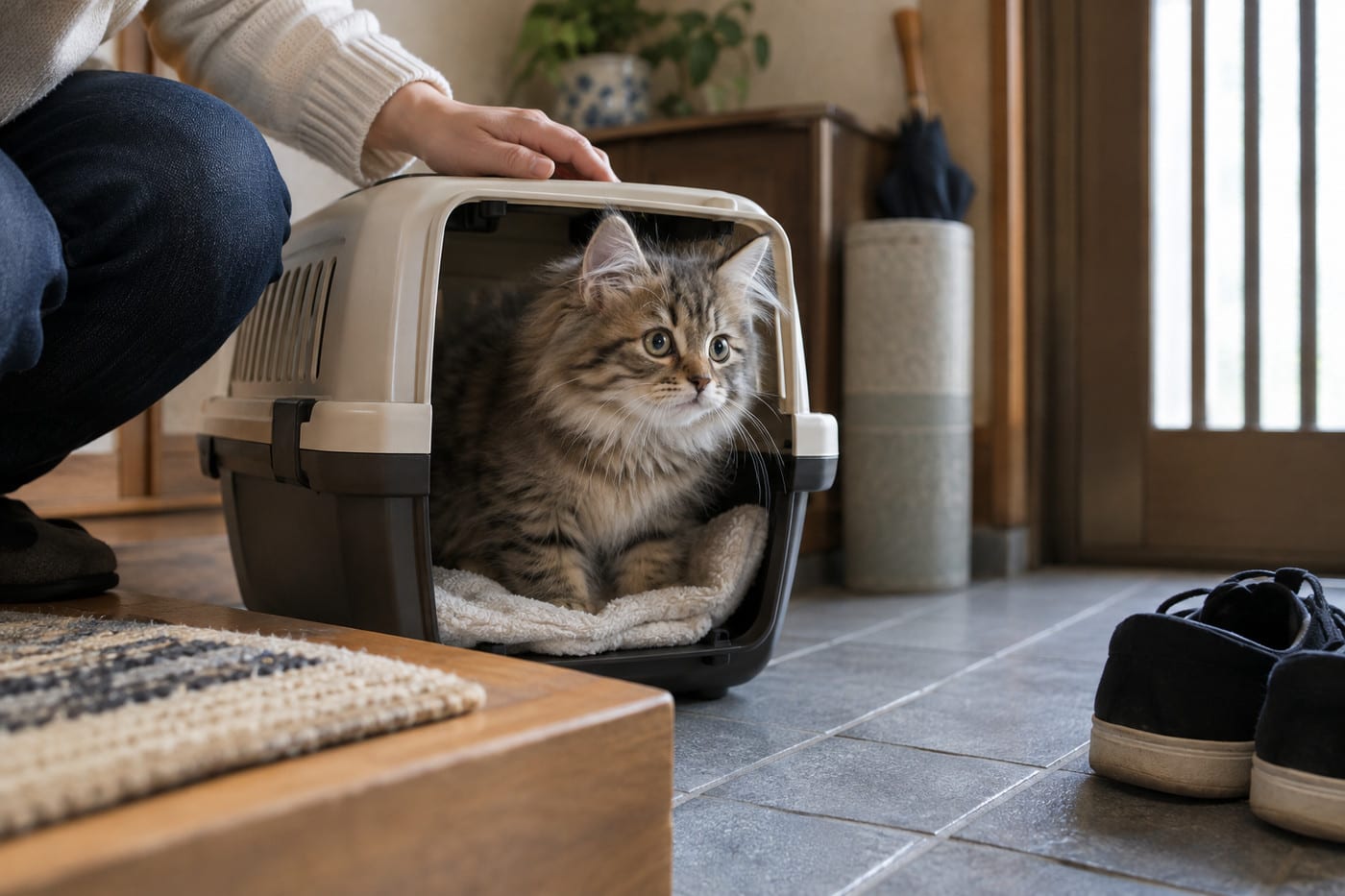 玄関で、キャリーケースの扉から顔をのぞかせるサイベリアンの子猫と、それを見守る人の手