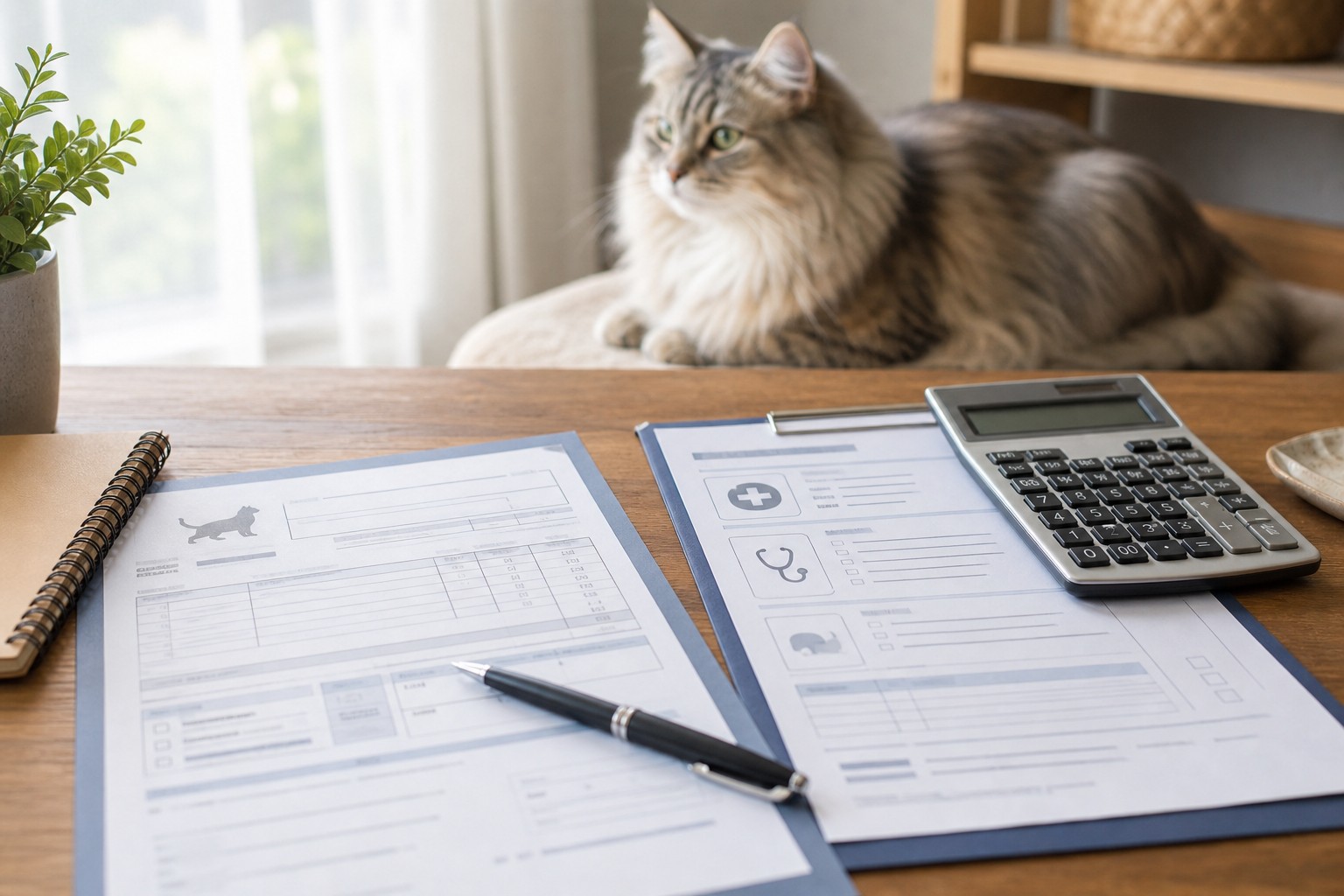サイベリアンの飼育費用を試算する書類と電卓