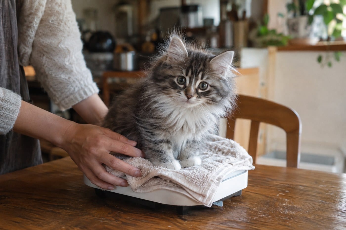 タオルを敷いたキッチンスケールの上に座る、生後2か月ほどのサイベリアンの子猫と、そっと添えられた手