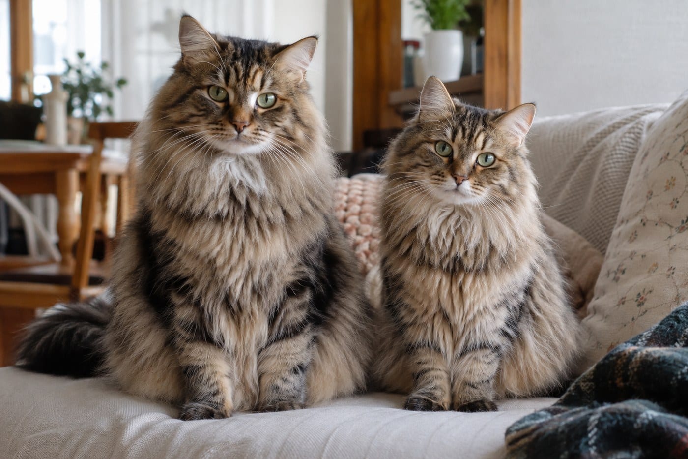 並んで座る、少し体の大きいオスと小柄なメスのサイベリアンの成猫