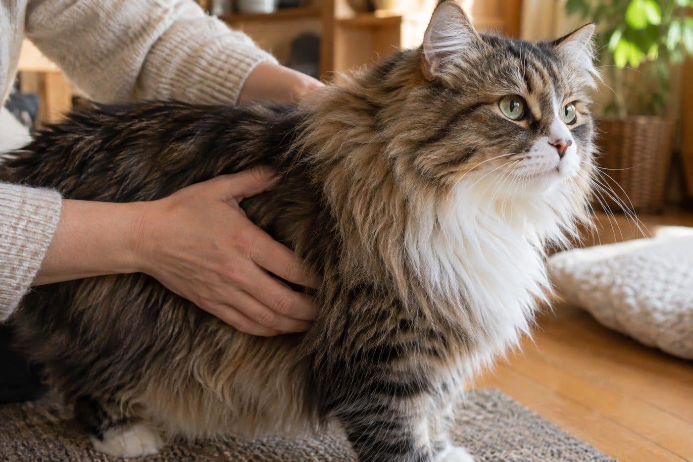サイベリアンの成猫の脇腹に手を添え、肋骨の触れ具合を確かめる飼い主さんの手元