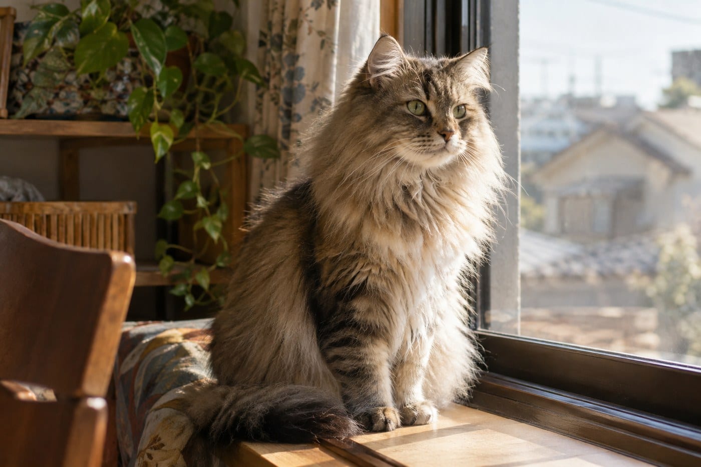 首まわりの毛が厚く広がった冬毛のサイベリアンの成猫が、窓辺に座っている