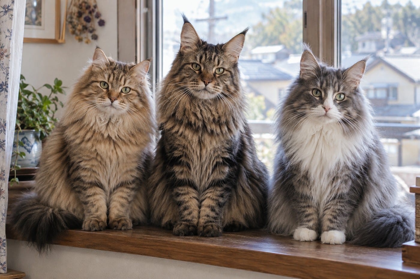 窓辺に並んで座る、サイベリアン・メインクーン・ノルウェージャンフォレストキャットの成猫3頭。3頭とも正面を向き、顔の輪郭の違いが分かる