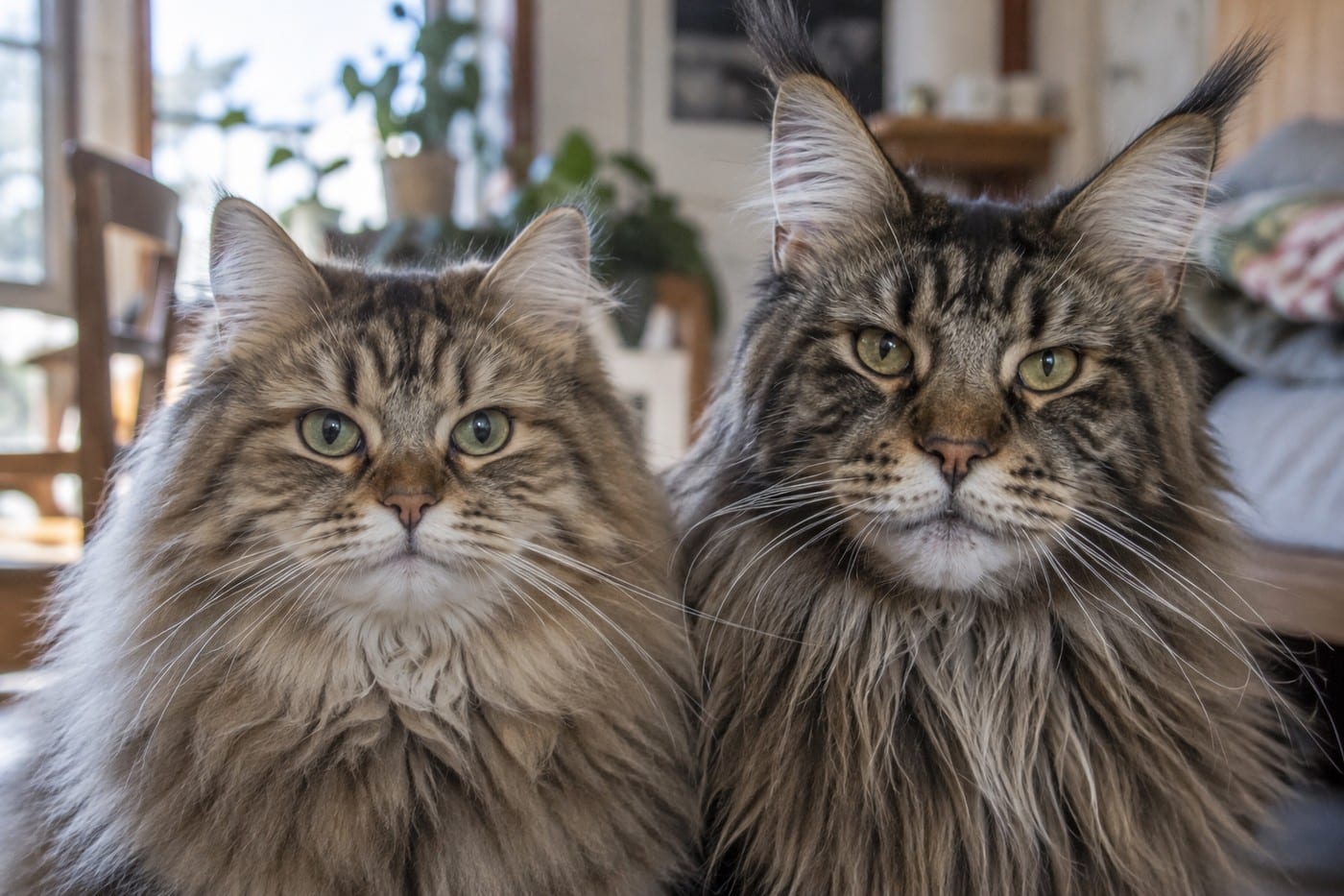 サイベリアンの丸い顔とメインクーンの四角い口元を、正面から並べて写した2頭の成猫のアップ