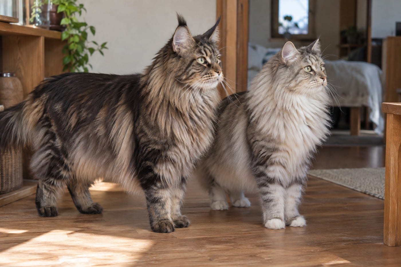 並んで立つメインクーンとサイベリアンの成猫。体の大きさの違いが分かる