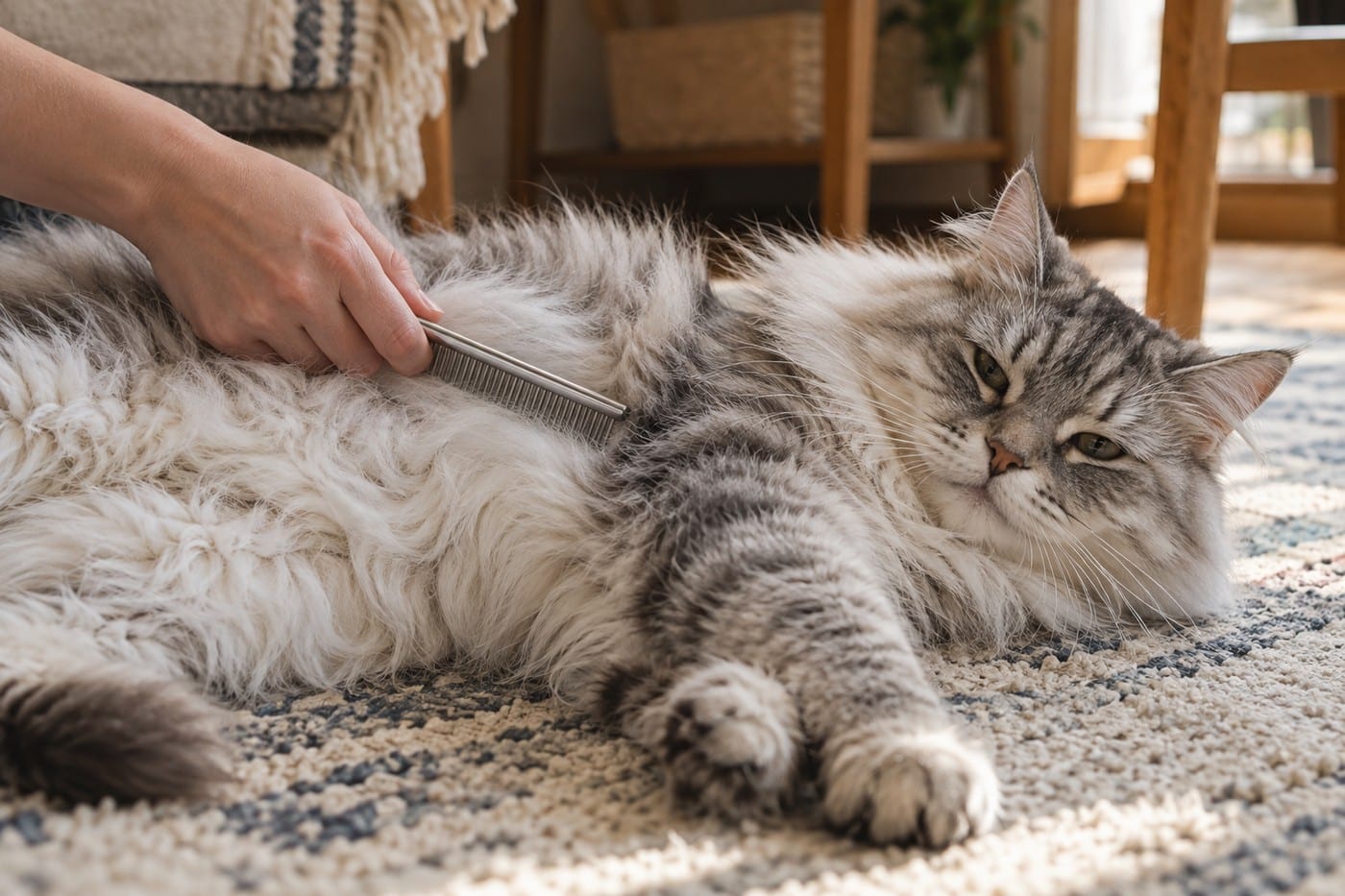 サイベリアンの成猫のお腹側の毛を、コームでとかす飼い主の手元