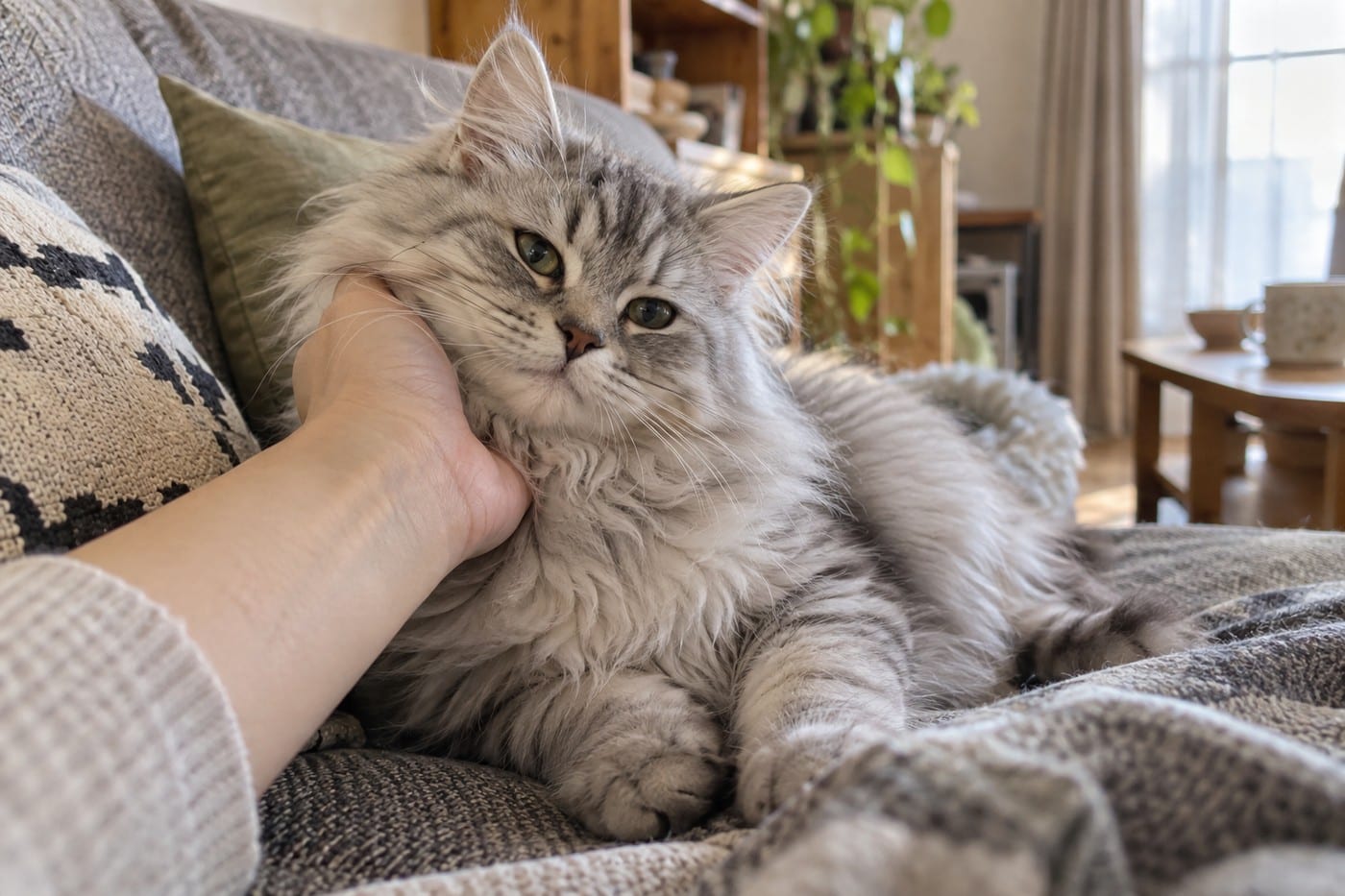 ソファの上で、飼い主の手に体を預けてくつろぐ長毛の子猫