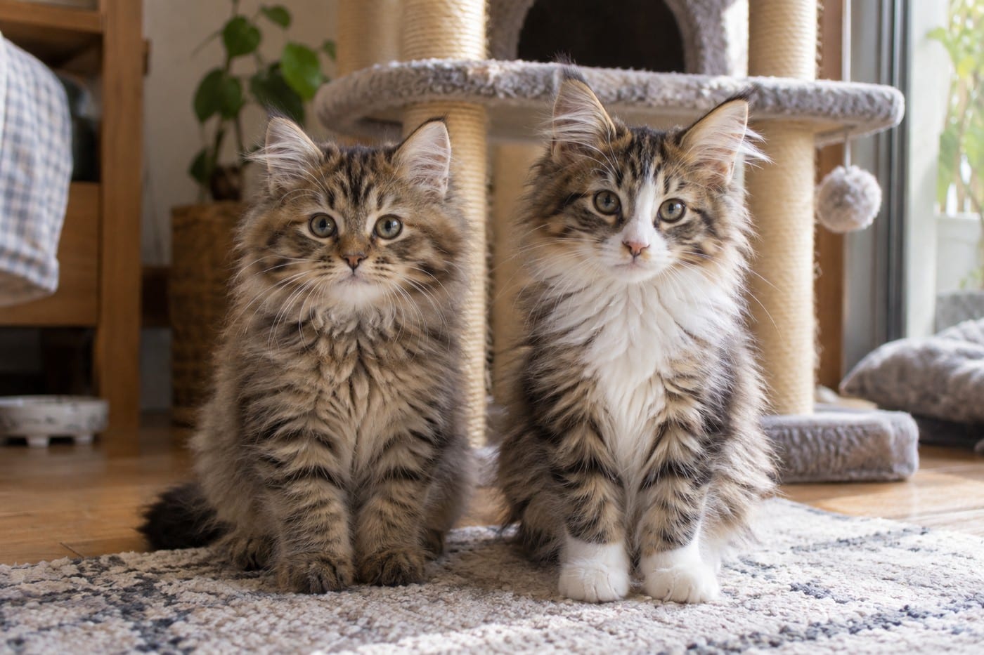キャットタワーの前に並ぶ、サイベリアンの子猫とノルウェージャンフォレストキャットの子猫